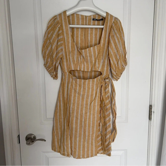 Zara Yellow Linen Blend Striped  Mini Dress size XS - Picture 2 of 10